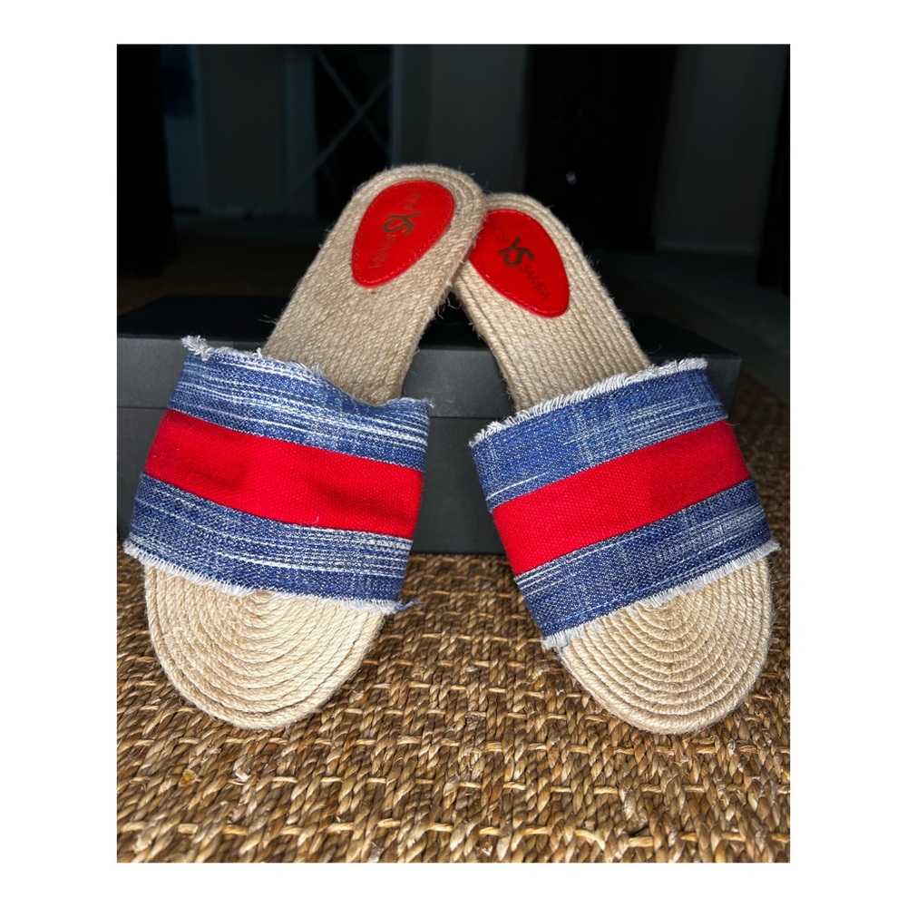 Yosi Samra slides  Denim & Red upper/ Rope bottom. Gently Used size 7